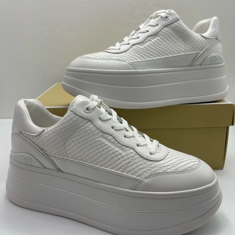 MICHAEL Kors All-White Platform Sneakers HAYES LACE UP EMBOSSED PRINTED LEATHER